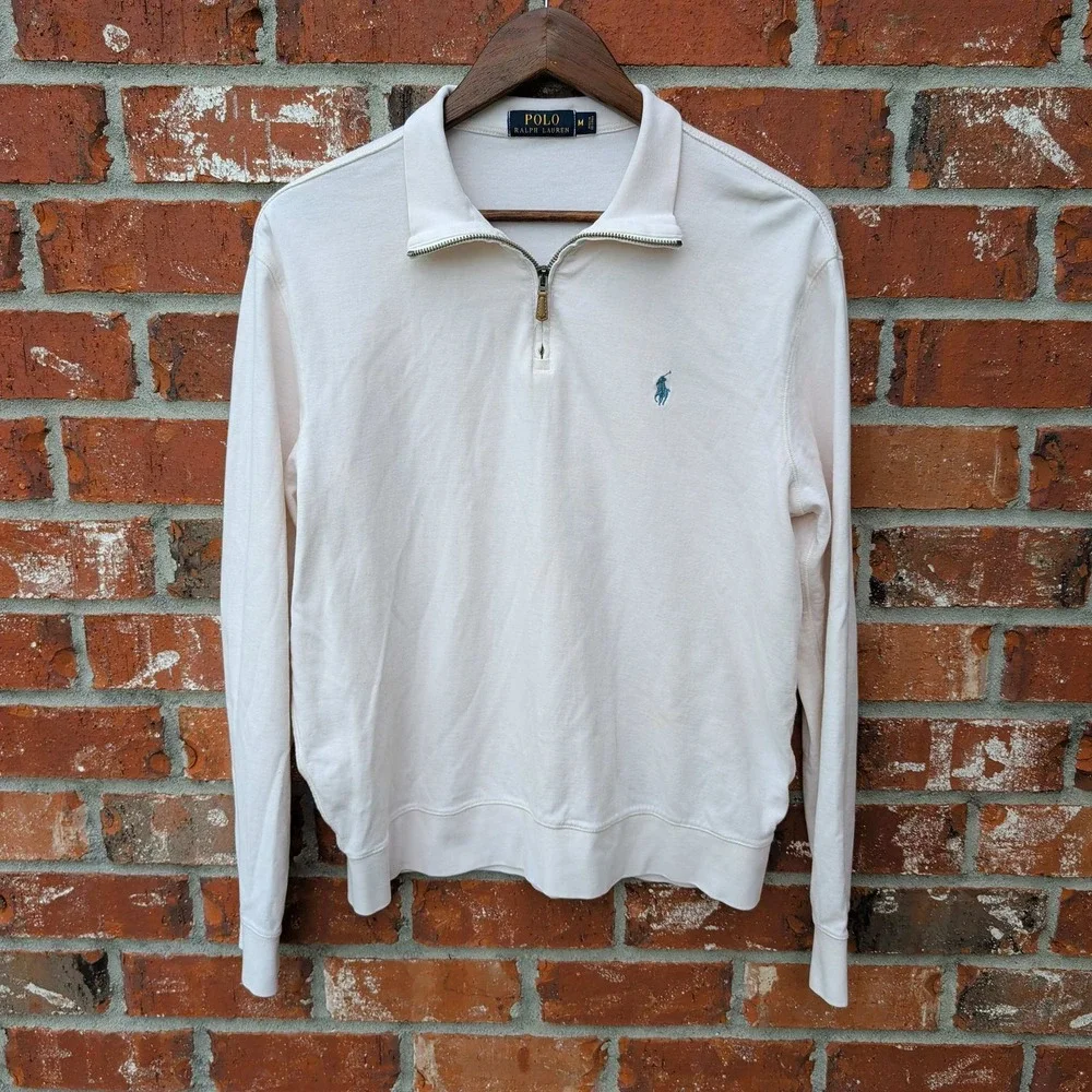 Polo Ralph Lauren Quarter Zip Pullover Mens Medium Cream Off-White Cotton Blend